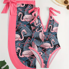Flamingo Leaf Print One Piece Swimsuit with Cover Up Set