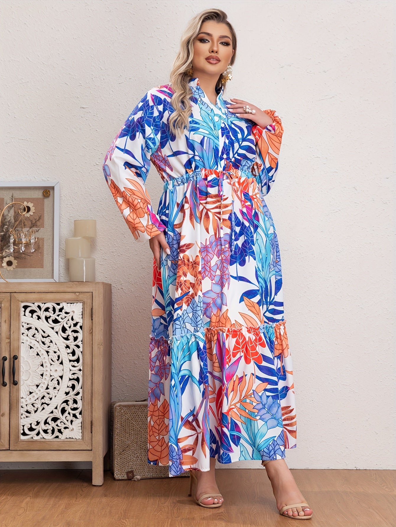 Floral Print Long Sleeve V Neck Maxi Smock Dress