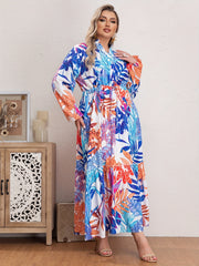 Floral Print Long Sleeve V Neck Maxi Smock Dress