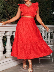 Solid Eyelet Embroidery Sleeve Top & Maxi Skirt Set