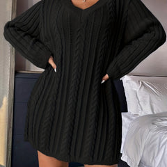 Cable Long Sleeve V Neck Sweater Dress