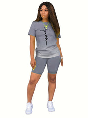 Faith Print Ombre Two-piece Set Short Sleeve Tops & Shorts