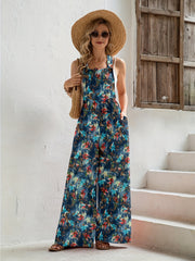 Floral Print Overall Wide Leg Jumpsuit Casual Button Overall Jumpsuit