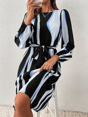 Abstract Ripple Print Dress Crew Neck Long Sleeve Dress