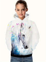3D Flower Horse Print Hoodie Girls Pullover Spring Fall Gift