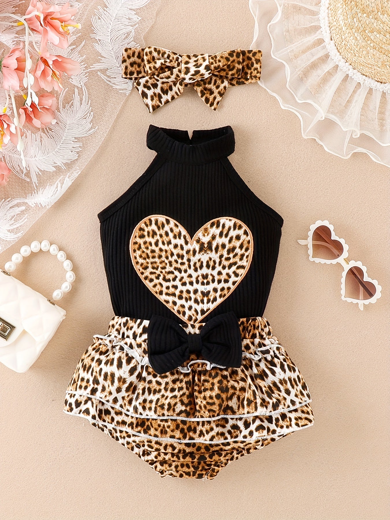 Leopard Print Heart Outfit Skirt & Sleeveless Tops for Baby Girls