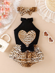 Leopard Print Heart Outfit Skirt & Sleeveless Tops for Baby Girls