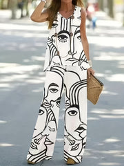 Casual Two-piece Set Crew Neck Sleeveless Top & Wide Leg Pants Outfit