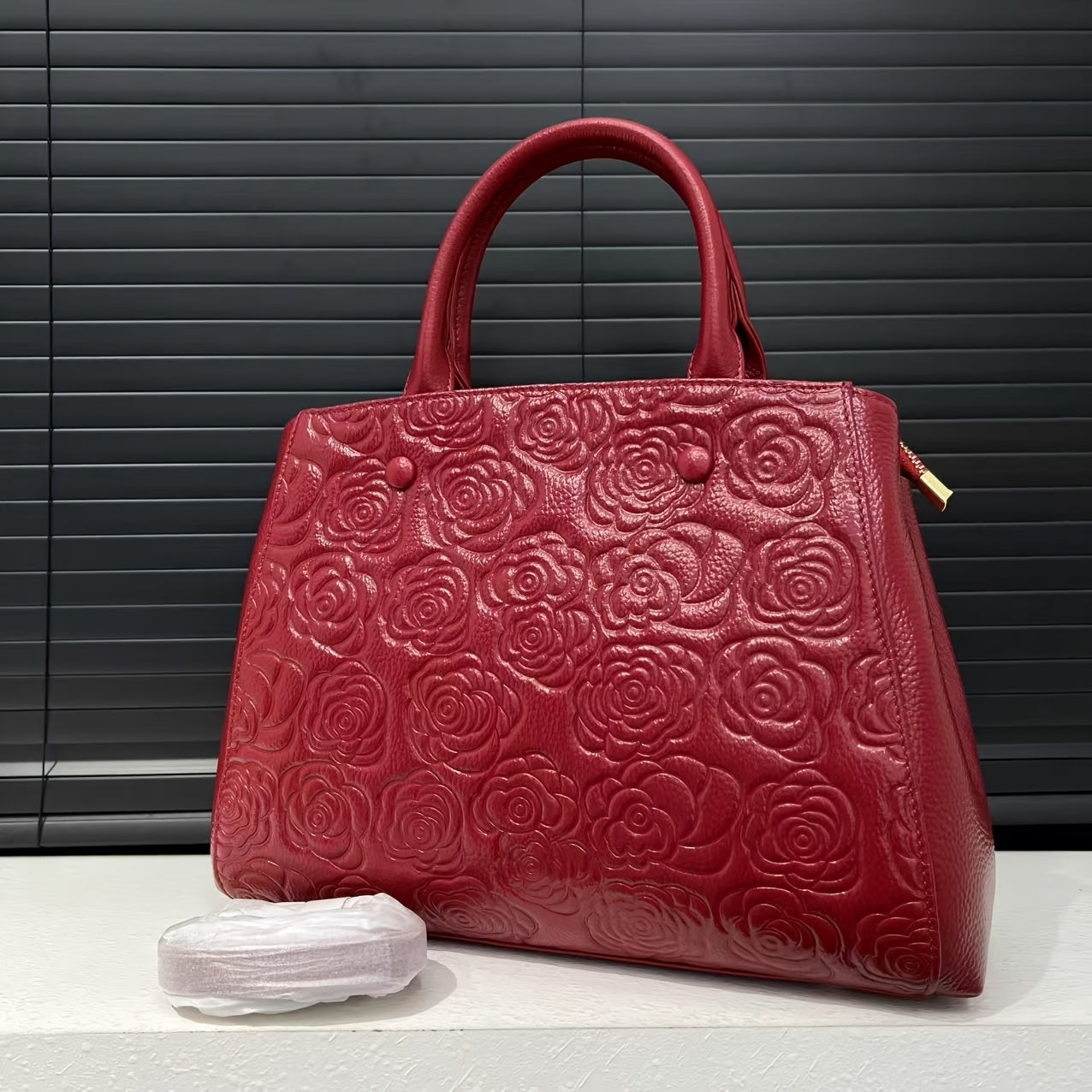 Floral Embossed Leather Tote Bag with Zipper Closure
