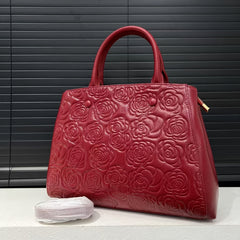 Floral Embossed Leather Tote Bag with Zipper Closure