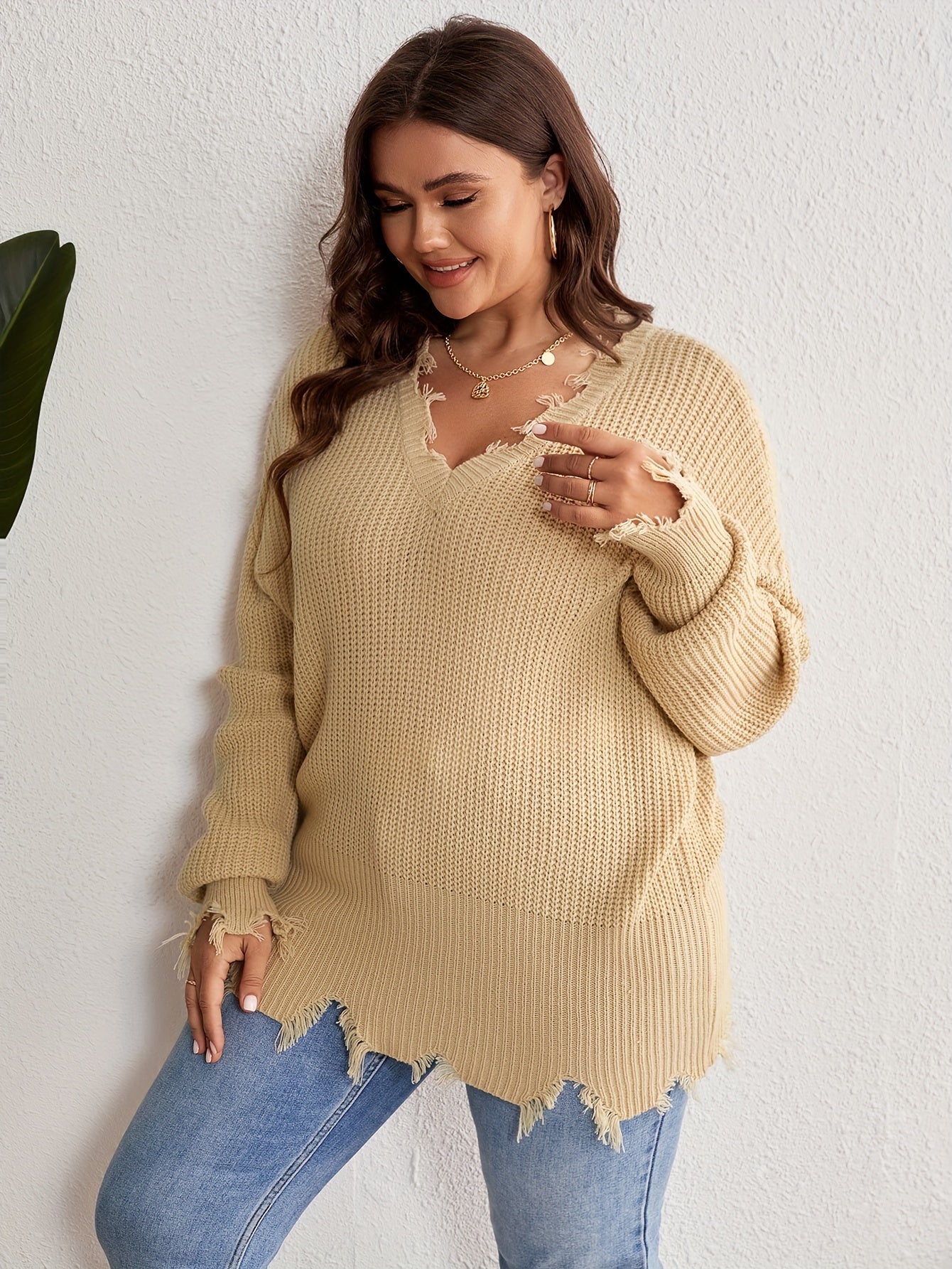 V Neck Distressed Edge Sweater