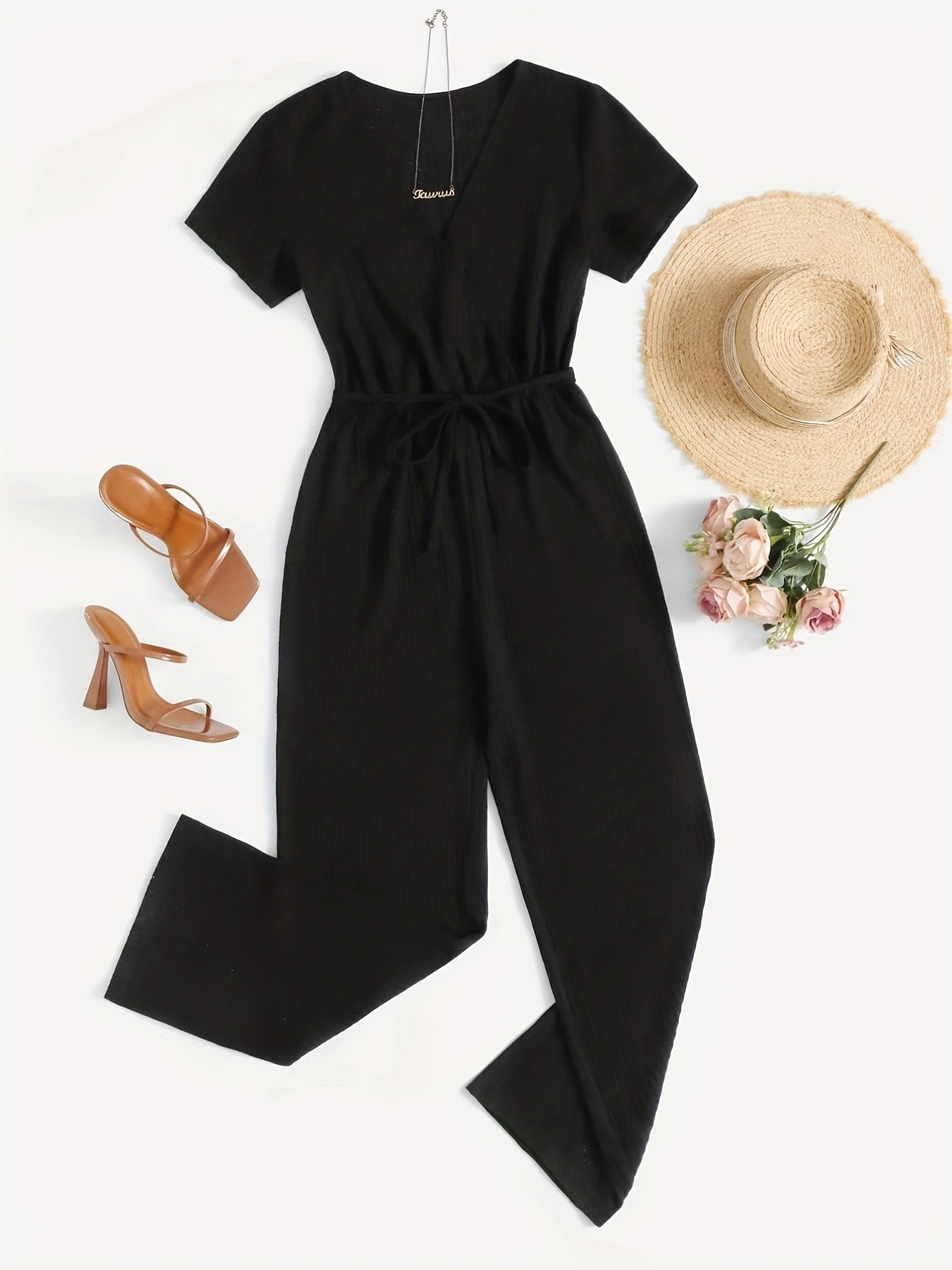Solid Color Waffle V-Neck Jumpsuit with Tie Waist