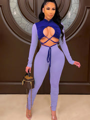 Solid Block Long Sleeve Bodycon Jumpsuit Hollow Jumpsuit