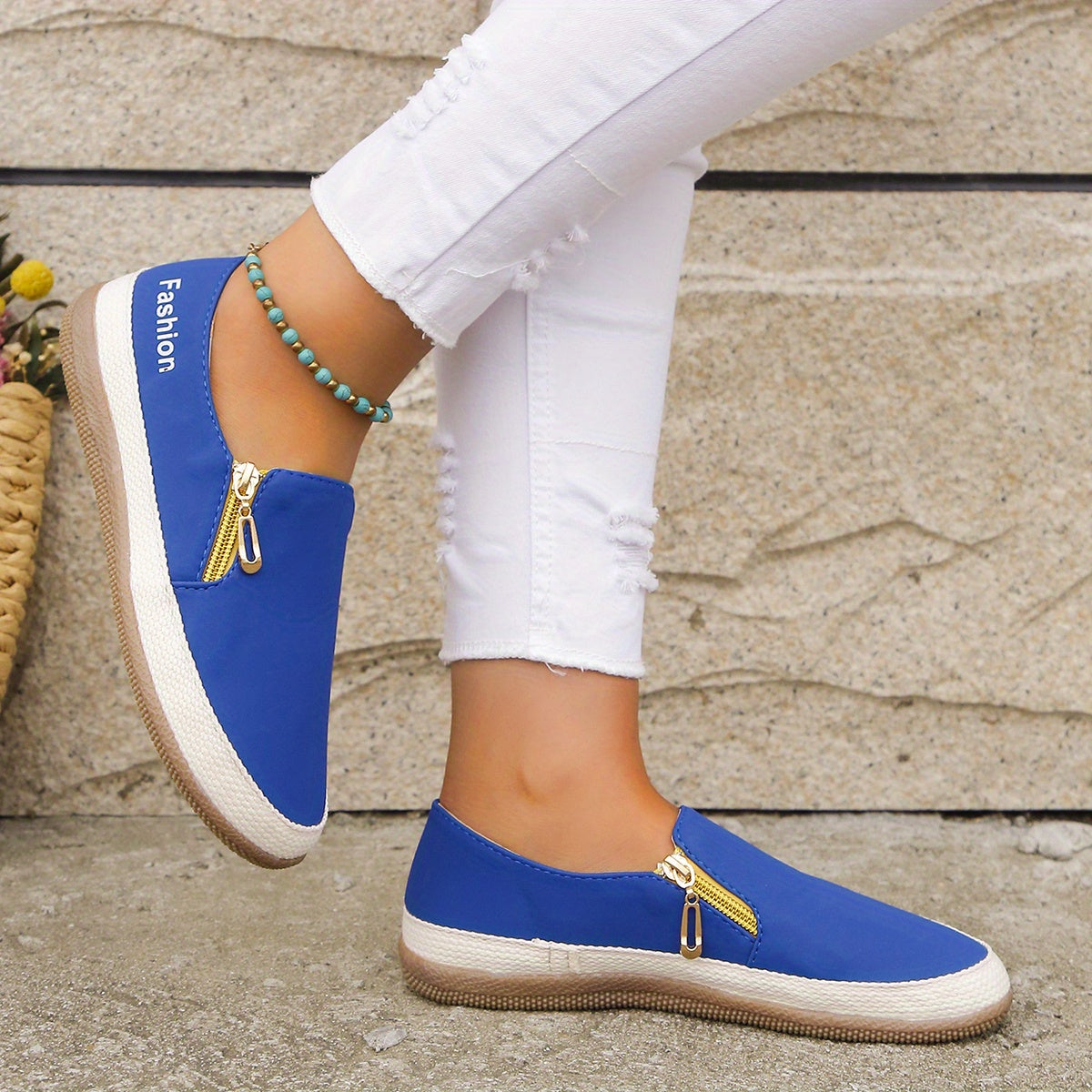 Women's Side Zipper Flat Shoes Solid Non Slip Shoes Casual Walking Outdoor Flats