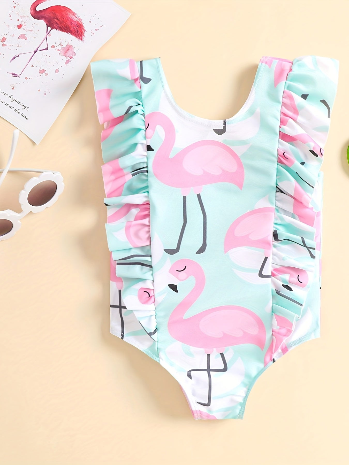 Flamingo Graphic One Piece Swimsuit for Baby Girls