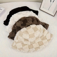 Soft Plush Winter Bucket Hat Women Faux Fur Windproof Cap