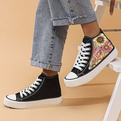 Women's High Top Canvas Shoes with Flower Pattern and Platform Sole