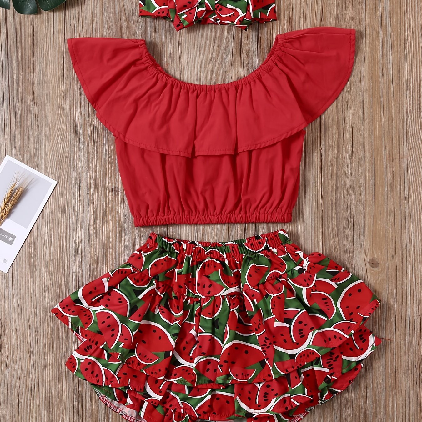 Cute Watermelon Off Shoulder Top & Skort Set with Headband