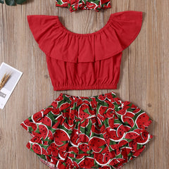 Cute Watermelon Off Shoulder Top & Skort Set with Headband