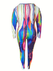 Stripe Print Long Sleeve Casual Jumpsuit