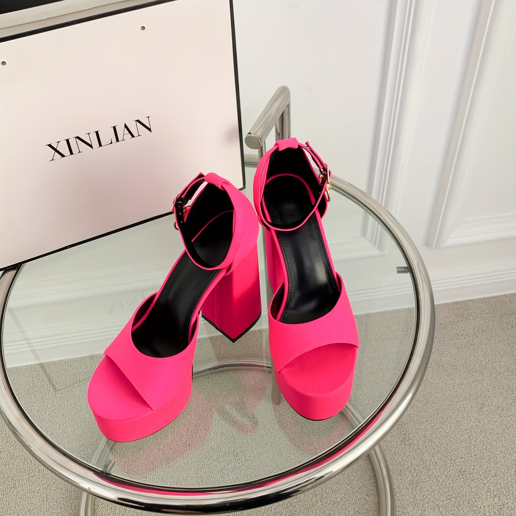 Block Heeled Open Toe Platform Pumps with Buckle Strap