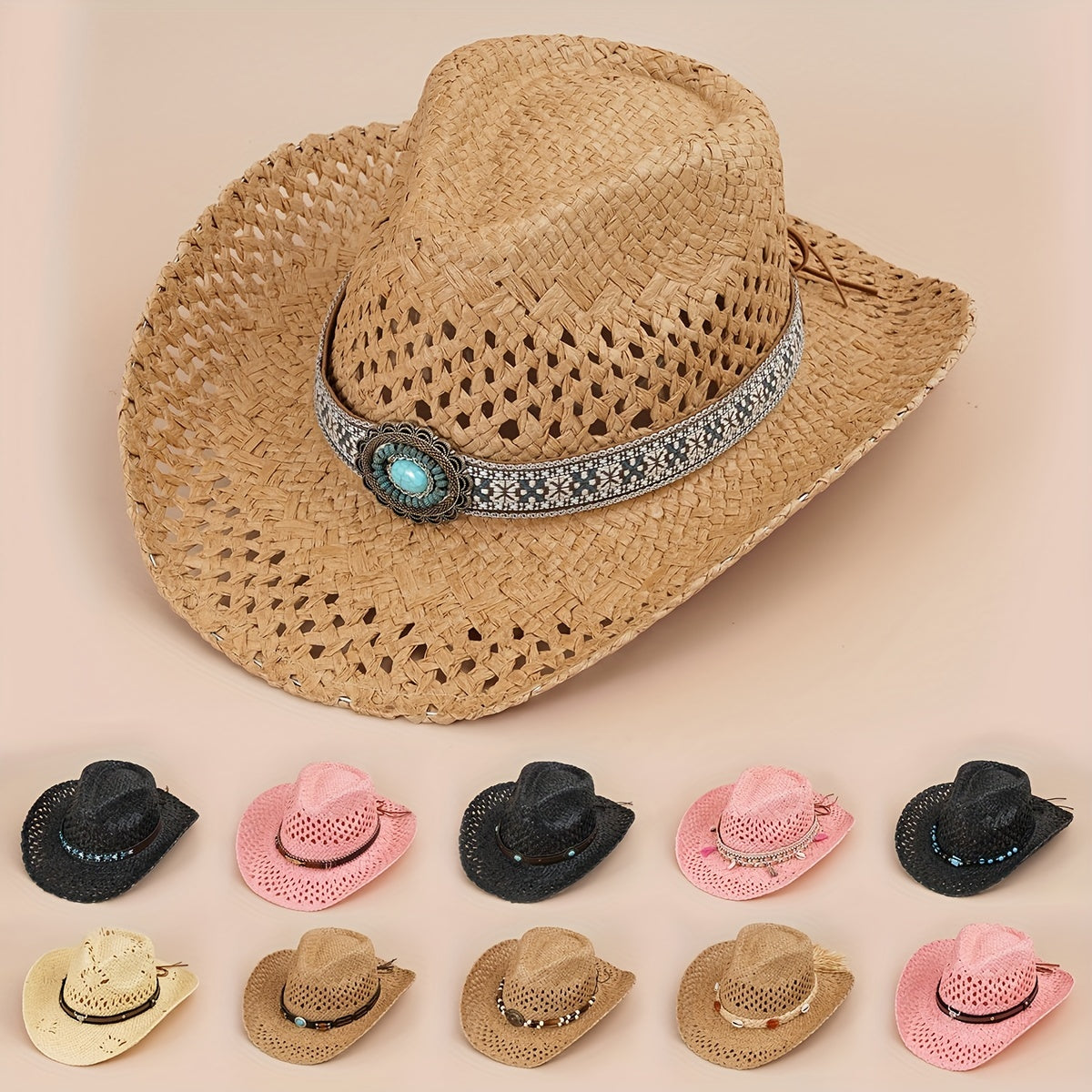 Turquoise Tassel Belt Cowboy Hat Vintage Western Hollow Crochet Straw Hat