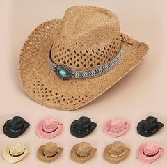 Turquoise Tassel Belt Cowboy Hat Vintage Western Hollow Crochet Straw Hat