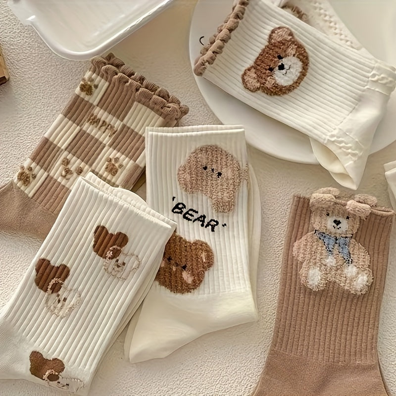 7 Pairs Cartoon Bear Print Socks Women's Stockings & Hosiery