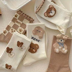 7 Pairs Cartoon Bear Print Socks Women's Stockings & Hosiery
