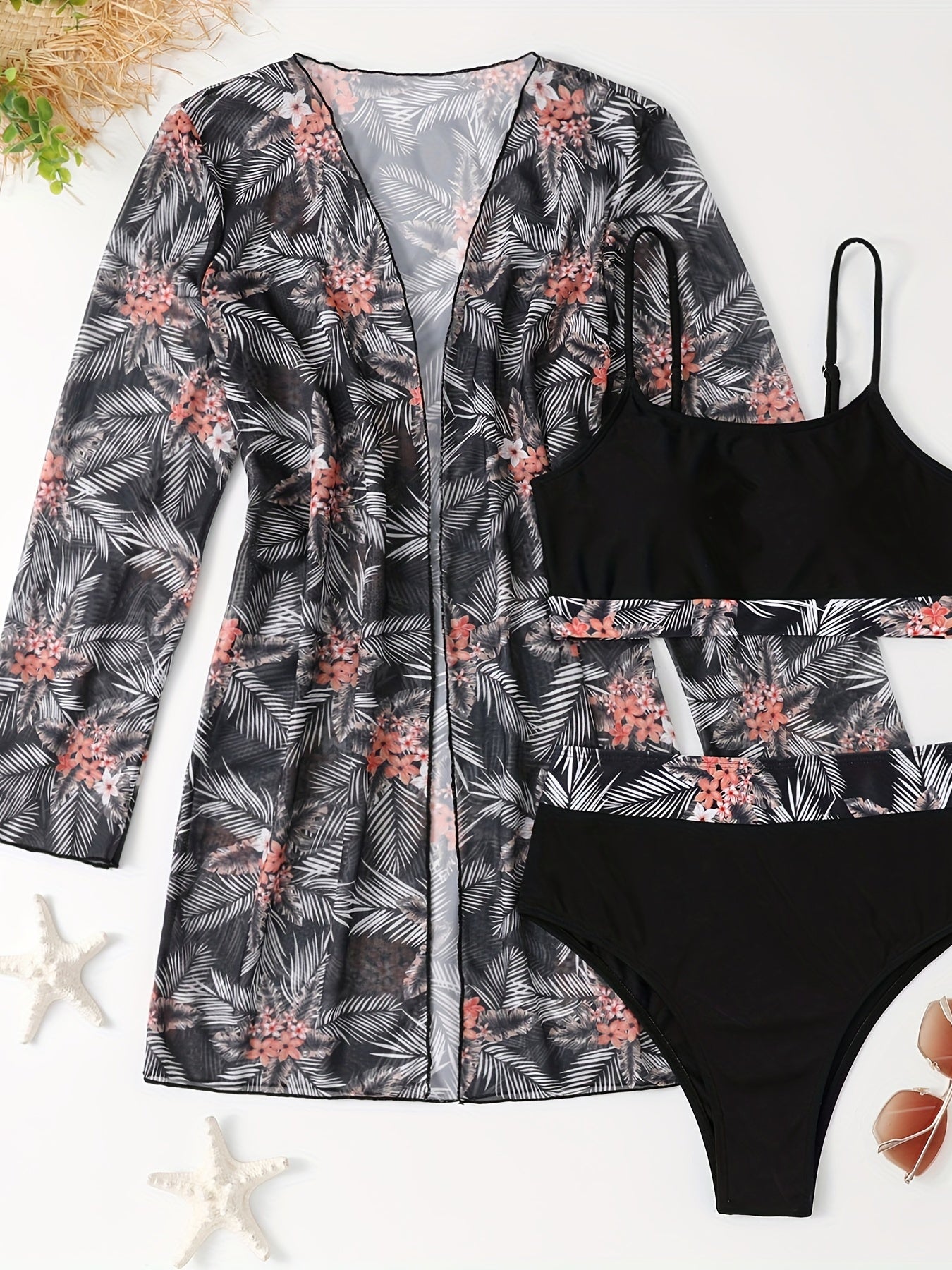 Tropical Print 3 Piece Set Swimsuits Floral Plants Cover Up Top Bottom