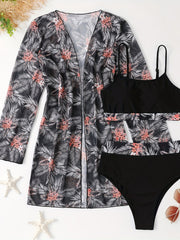 Tropical Print 3 Piece Set Swimsuits Floral Plants Cover Up Top Bottom