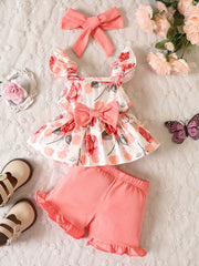 3pcs Floral Graphic Ruffle Sleeve Top & Shorts & Headband Baby Sweet Clothes