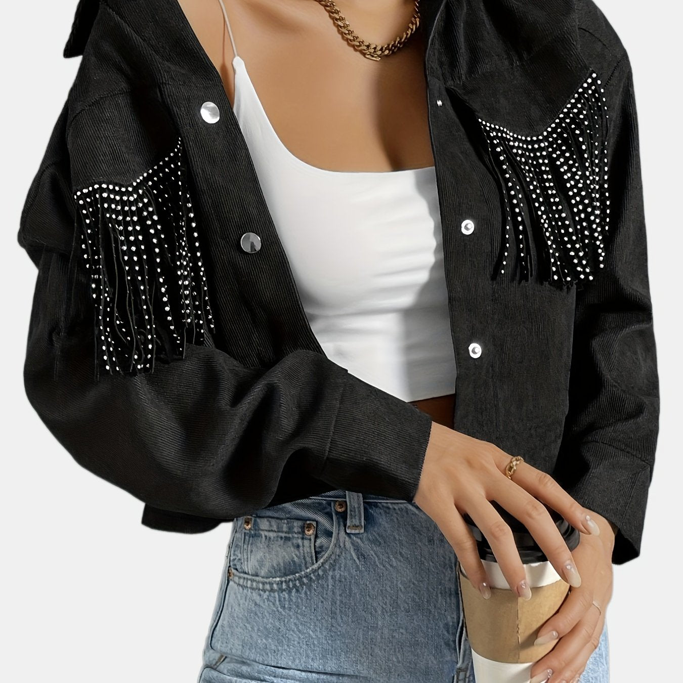 Rhinestone Fringe Trim Tassel Jacket Long Sleeve Button Front