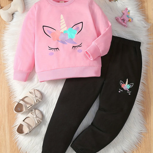Cartoon Unicorn Print 2pc Sweatshirt & Sweatpants Set for Girls