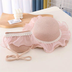 Summer Pearl Lace Straw Hat Bag Set Princess Girl Travel Sun Hat