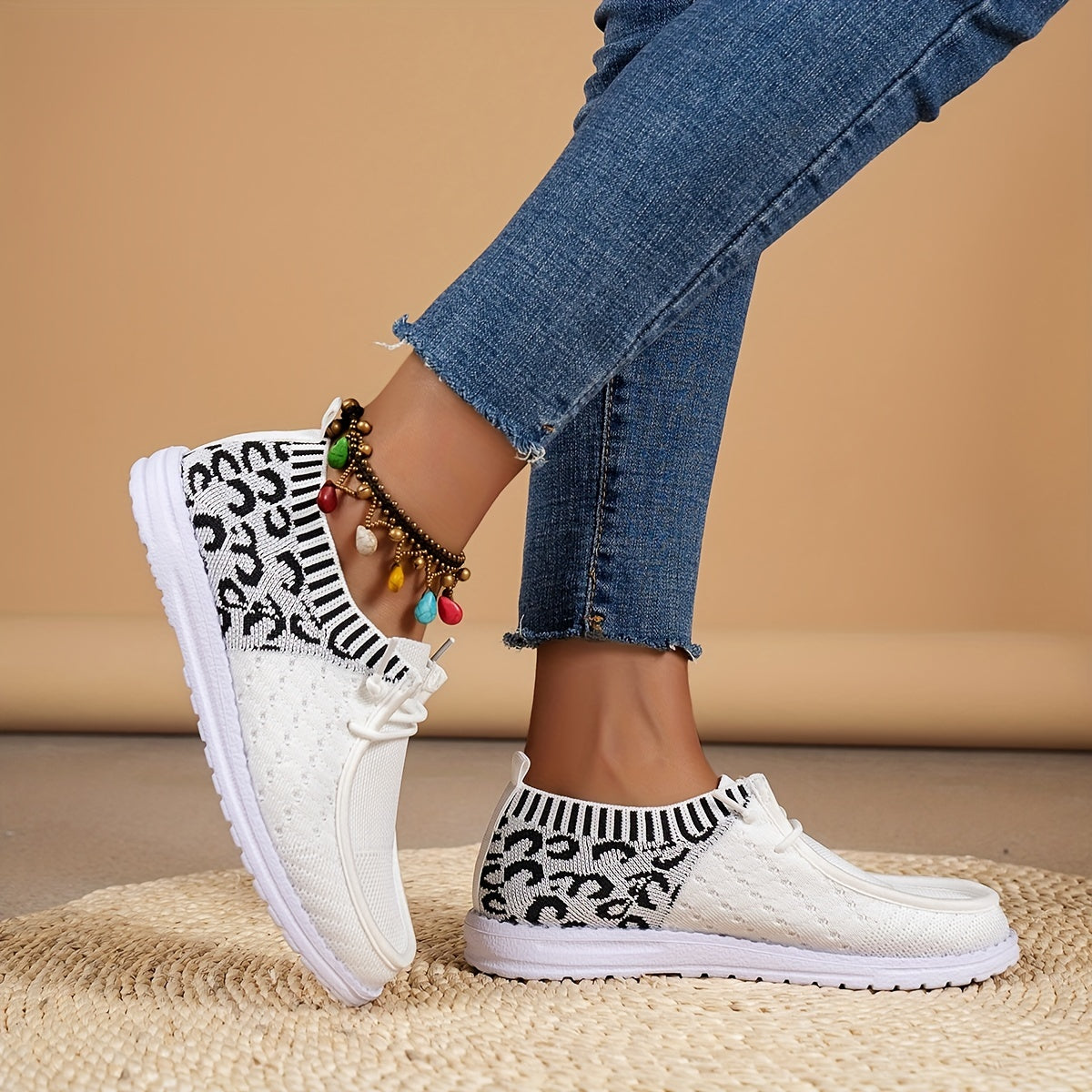 Women's Leopard Print Boat Shoes Flying Woven Flat Shoes