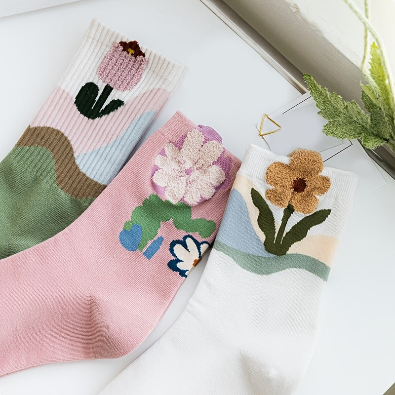 3 Pairs Floral Print Socks Breathable & Colorblock Women's Stockings