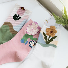 3 Pairs Floral Print Socks Breathable & Colorblock Women's Stockings