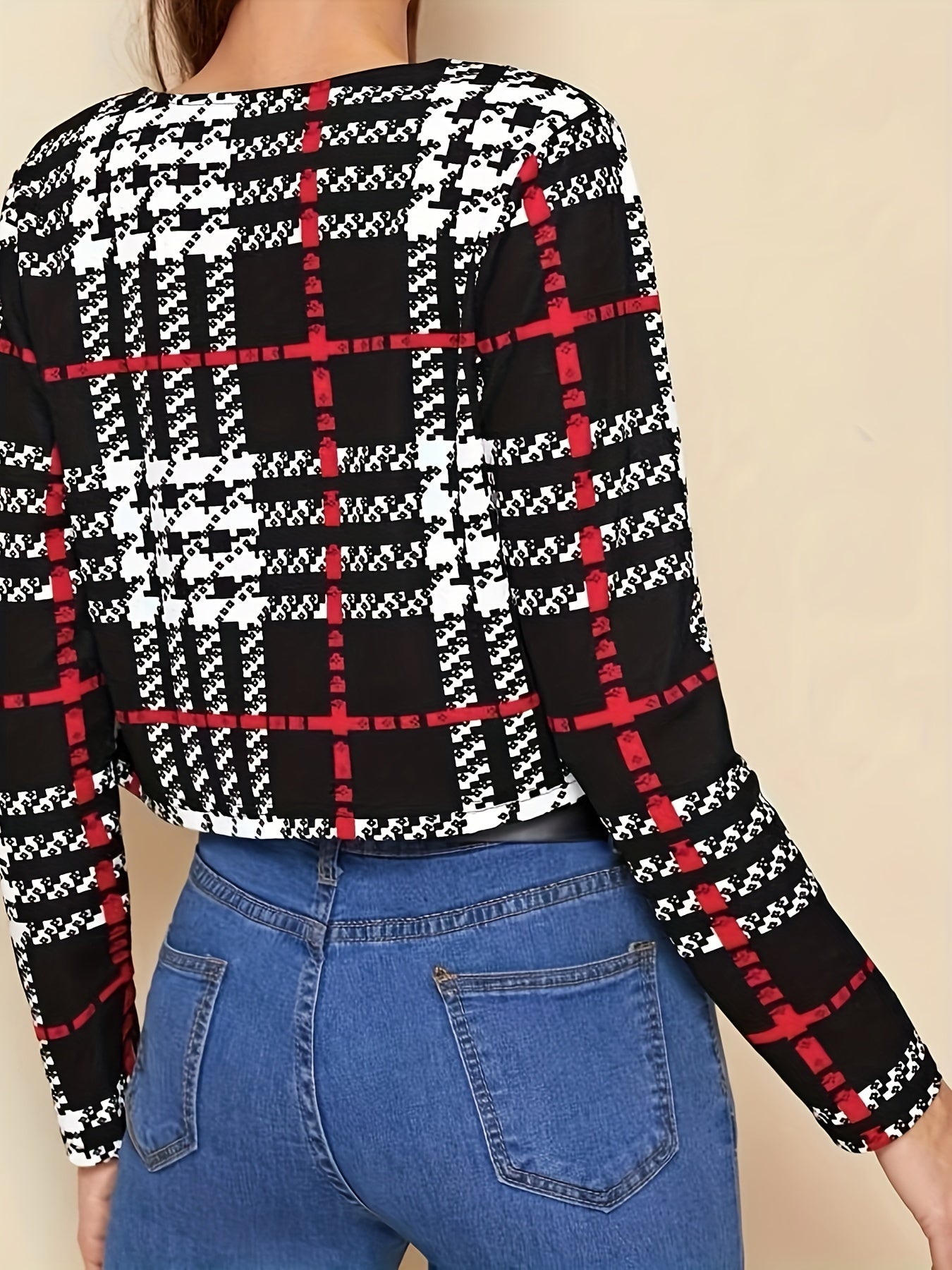 Plaid Print Open Front Jacket Casual Long Sleeve Jacket