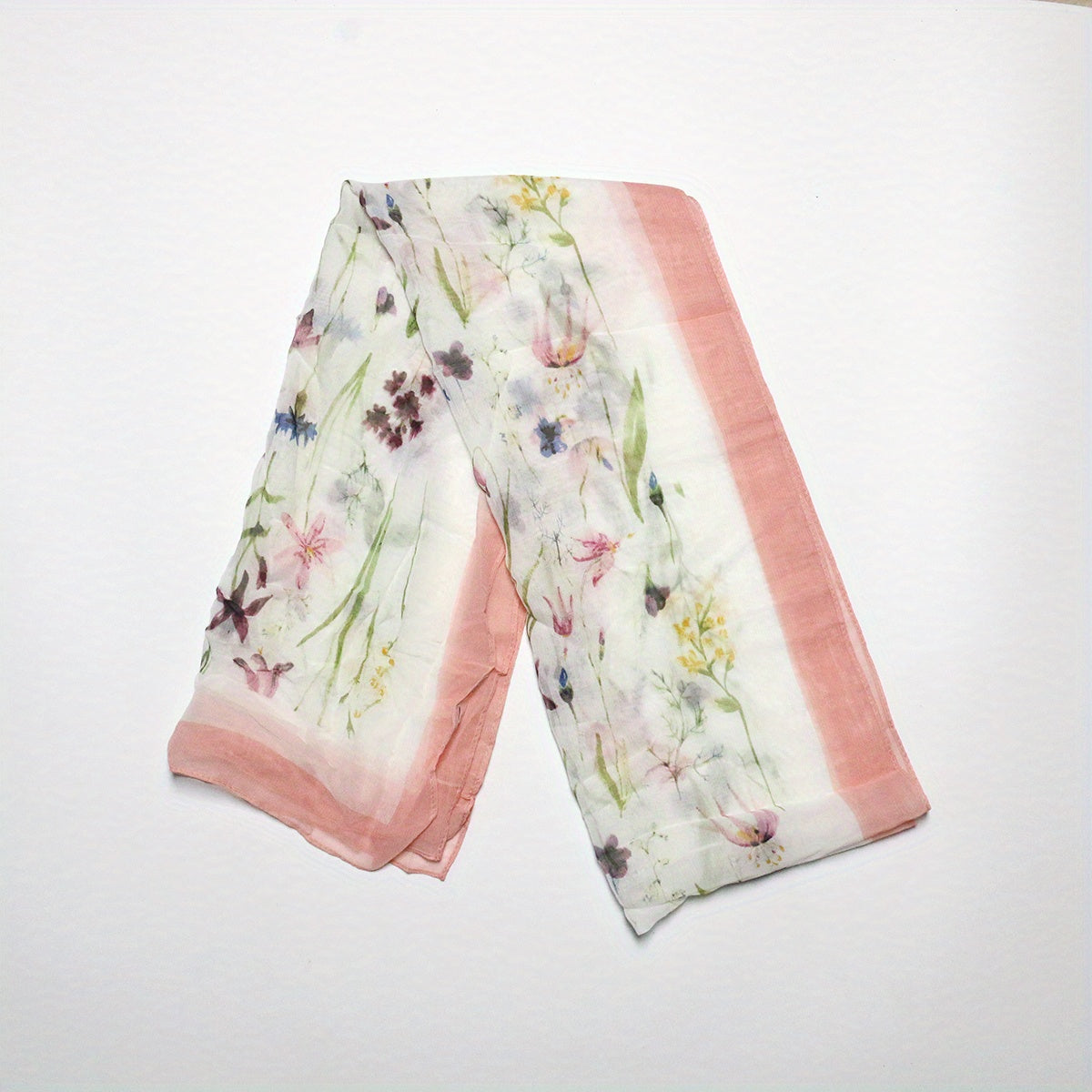 Pink Flower Print Chiffon Scarf Long Shawl Windproof Head Wrap