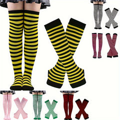 2 Pairs Set Long Over Knee Socks Colorful Striped Gloves Set