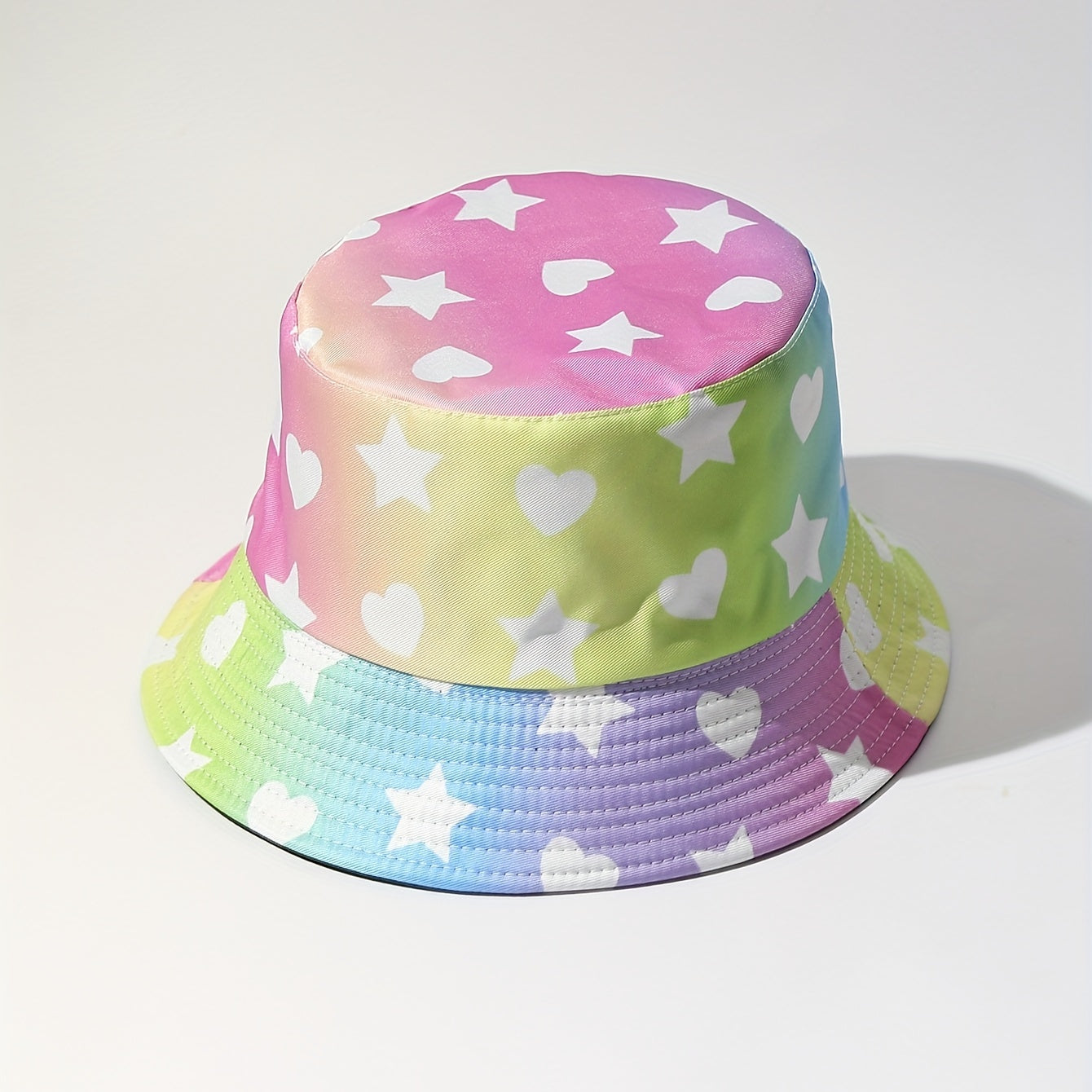 Gradient Pink Bucket Hat Star Heart Print Lightweight Sunscreen Fisherman Cap