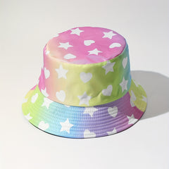 Gradient Pink Bucket Hat Star Heart Print Lightweight Sunscreen Fisherman Cap