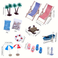 Summer Beach Dollhouse Set with Wooden Chairs, Plastic Seashells, and Umbrellas