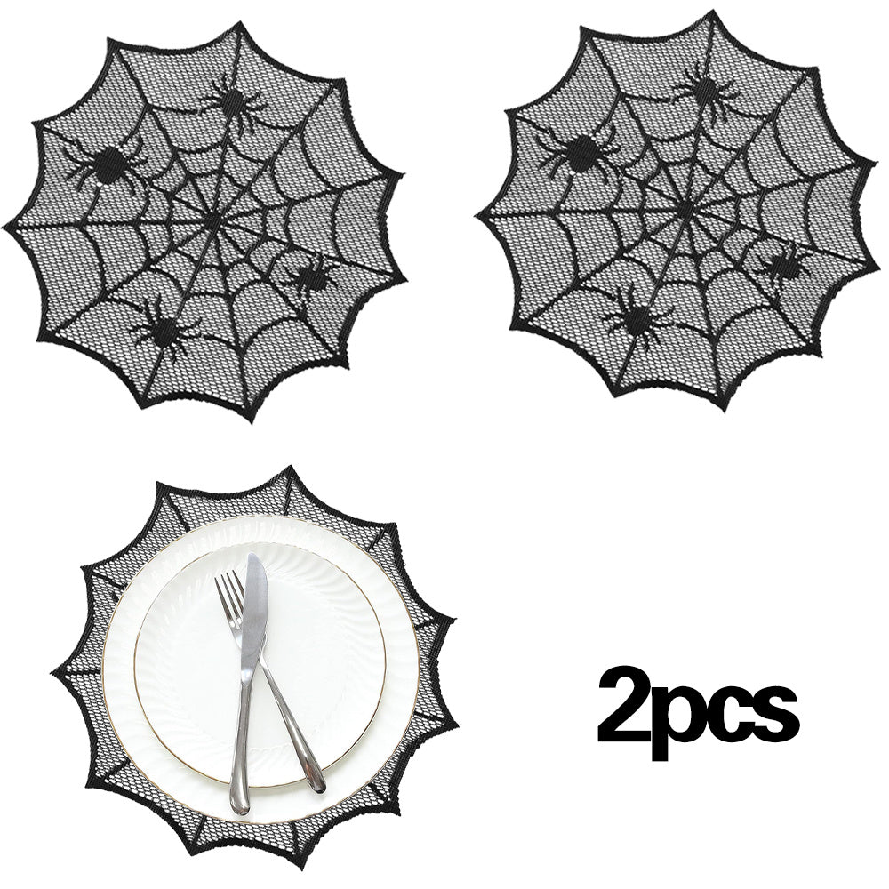 2pcs Halloween Round Placemats Lace Spider Web Table Mat for Party