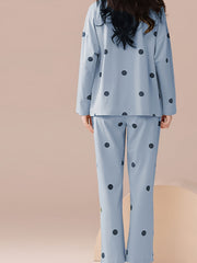 Polka Dot Pajama Set Long Sleeve V Neck Top & Pants Women's Sleepwear