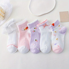 5 Pairs Cartoon Ruffled Flower Breathable Socks for Girls