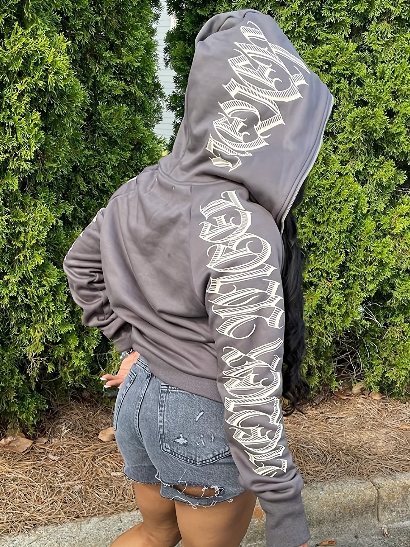 Y2k Sports Top Women's Plus Art Letter Print Zip Up Hooded Sweater
