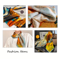 Vintage Golden Print Square Scarf Satin Head Scarf for Women