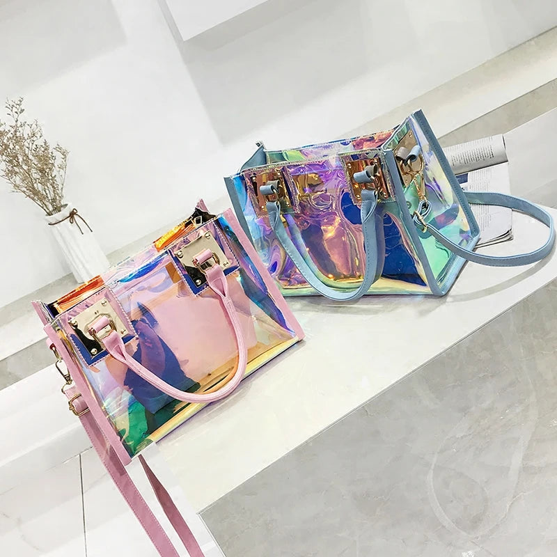 2PCS Women Transparent PVC Jelly Handbag Laser Shoulder Bags